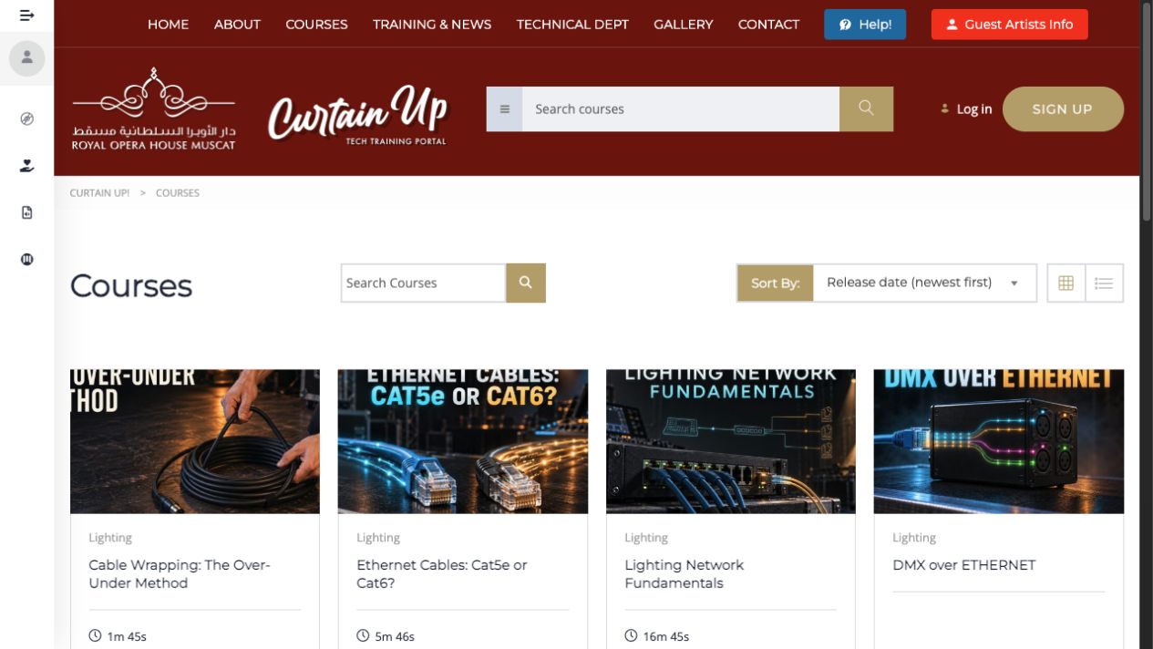 CurtainUp course catalogue with search, sorting and course cards