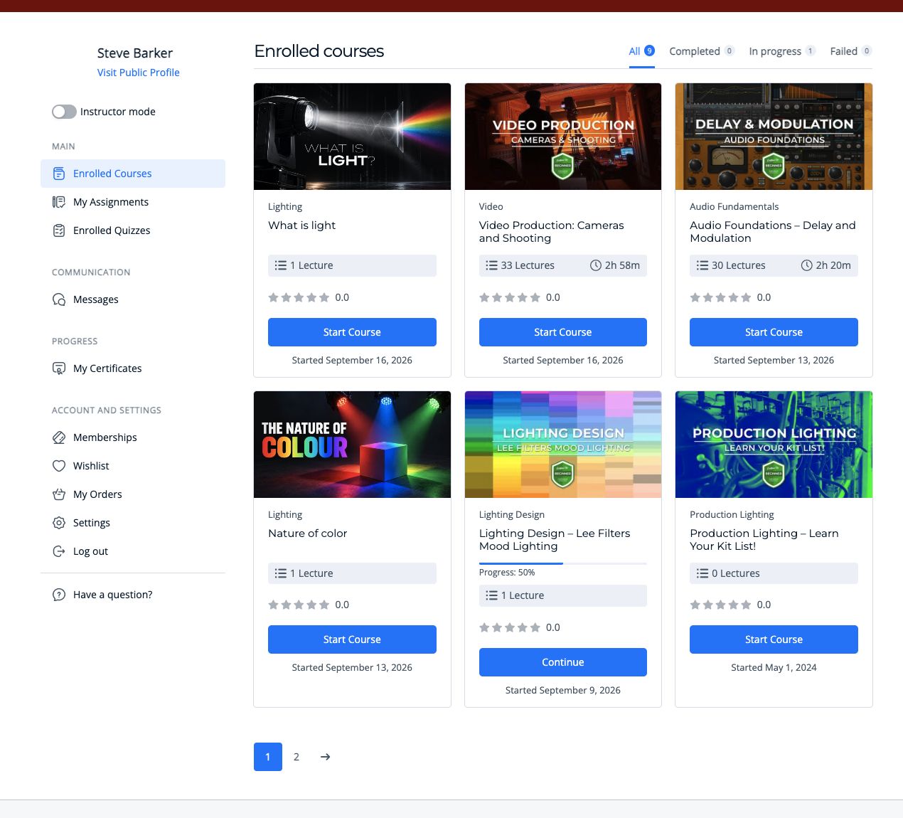 CurtainUp learner dashboard showing enrolled courses, filters and progress