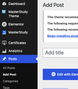 Close up of the WordPress admin menu showing the Posts link