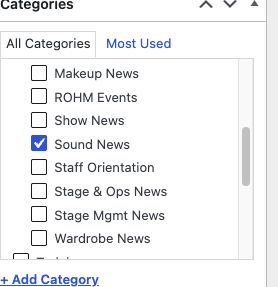 Close up of the Categories box with a Sound category selected