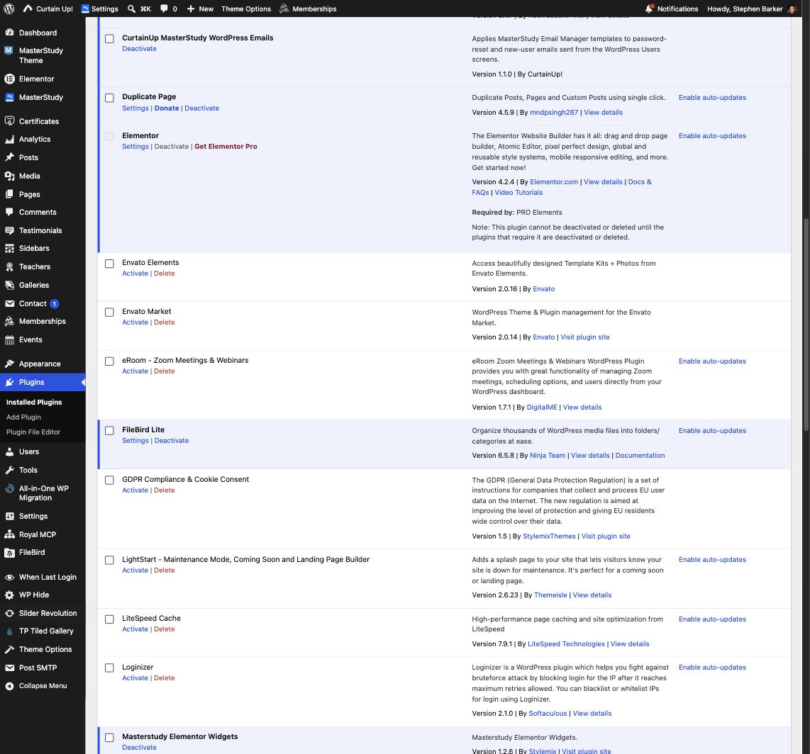 The WordPress Plugins screen showing the Zoom meetings plugin already installed but not yet active
